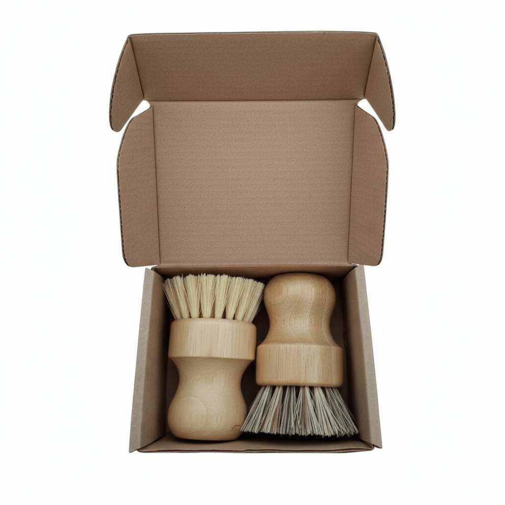 Two wooden brushes in an open cardboard box on a white background