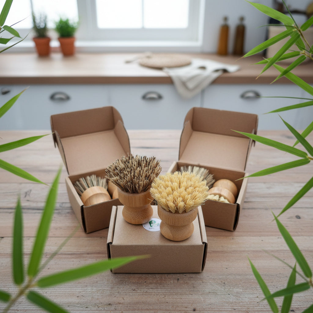 Cardboard boxes with eco-friendly dish brushes on a wooden surface in a kitchen.
