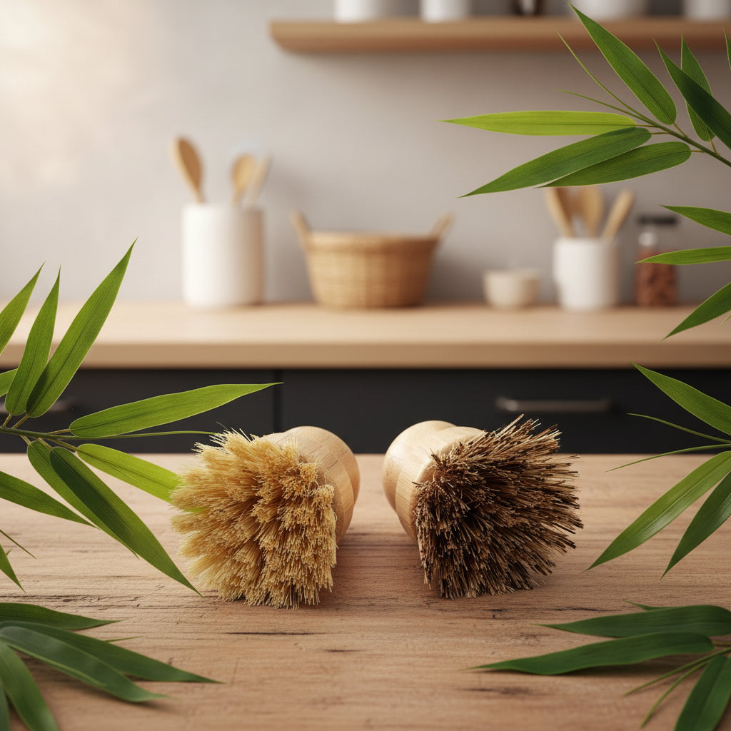 Two natural bristle brushes on a wooden surface with green leaves and a blurred kitchen background.