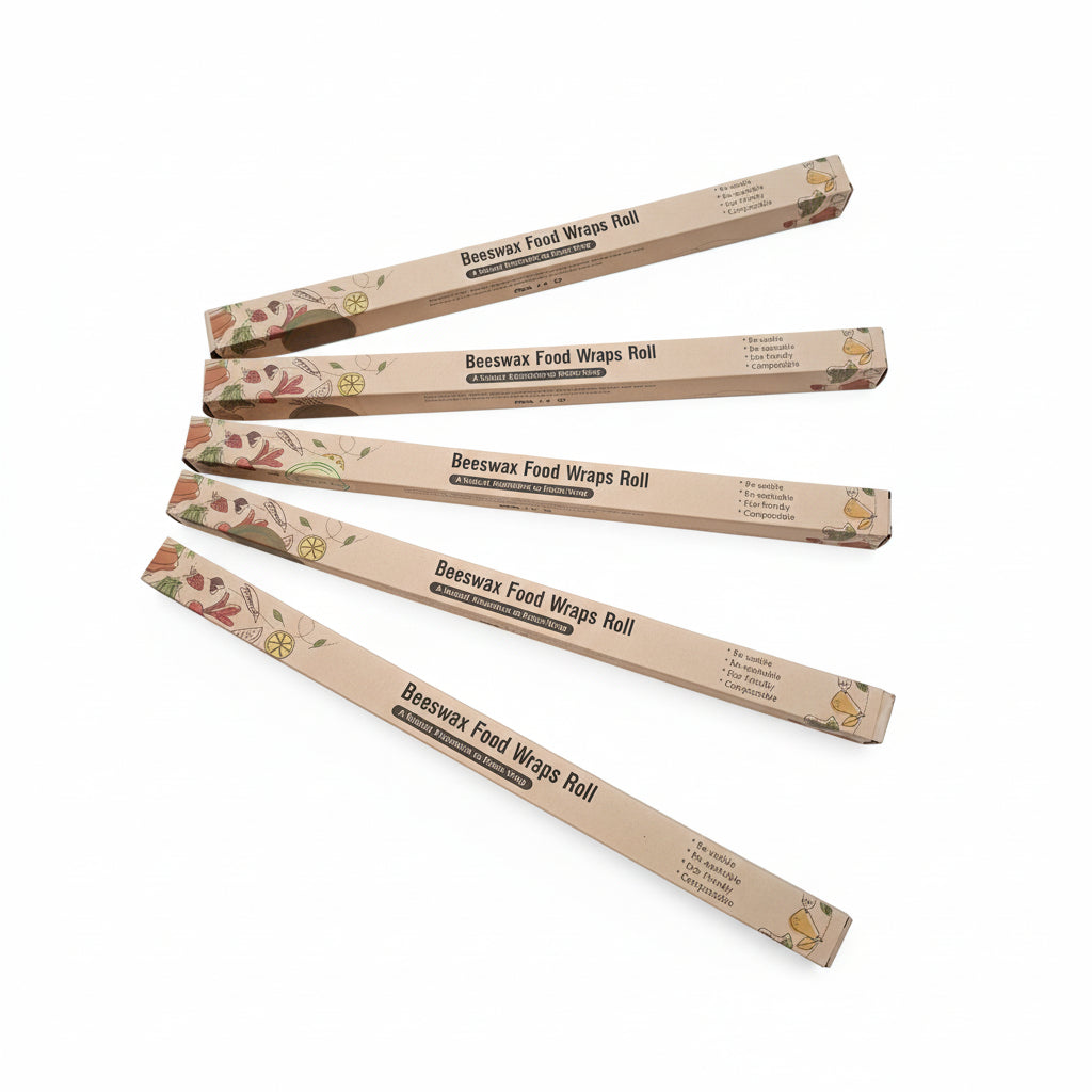 Five rolls of beeswax food wraps on a white background