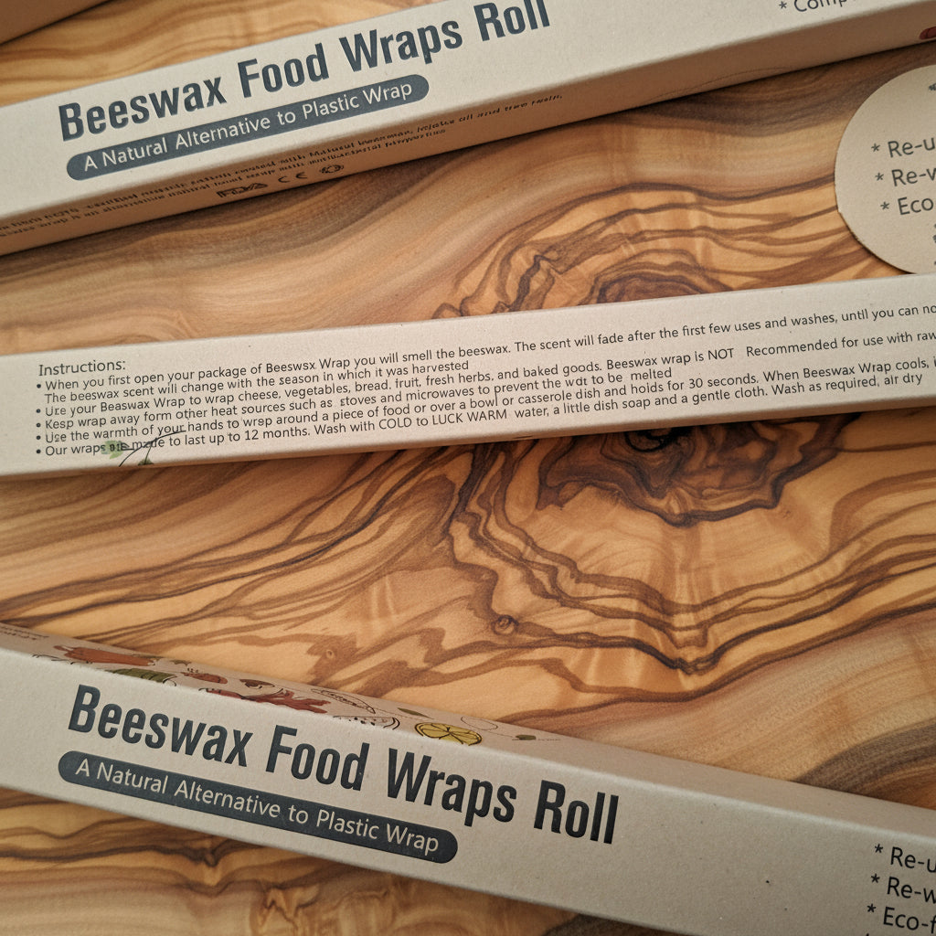 Beeswax food wraps roll packaging on a wooden surface