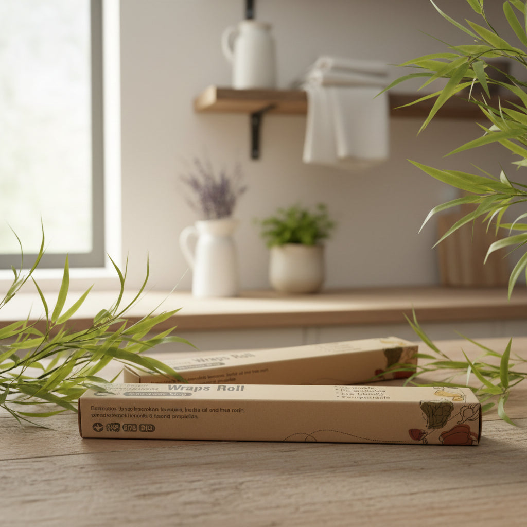 Reusable wrap rolls on a wooden surface