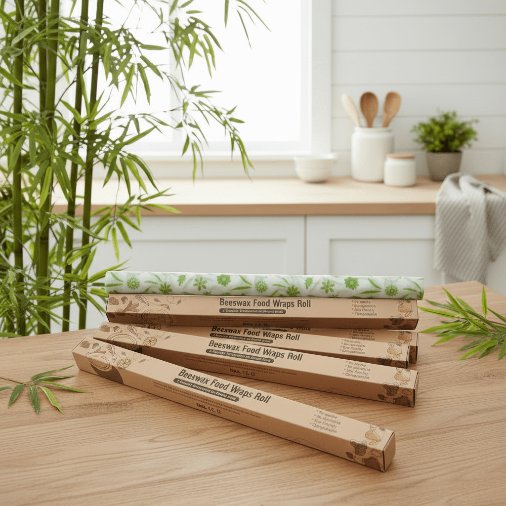 Stack of Beeswax Food Wraps Rolls on a wooden surface with a kitchen background