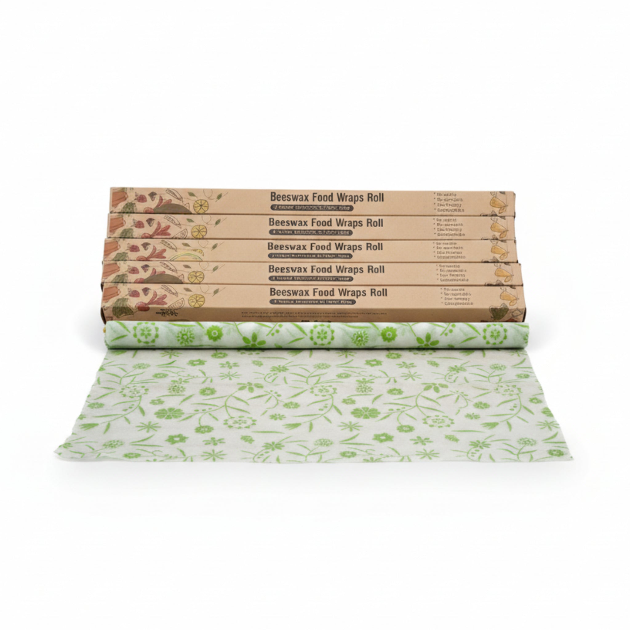 Roll of green beeswax food wraps with cardboard packaging on a white background