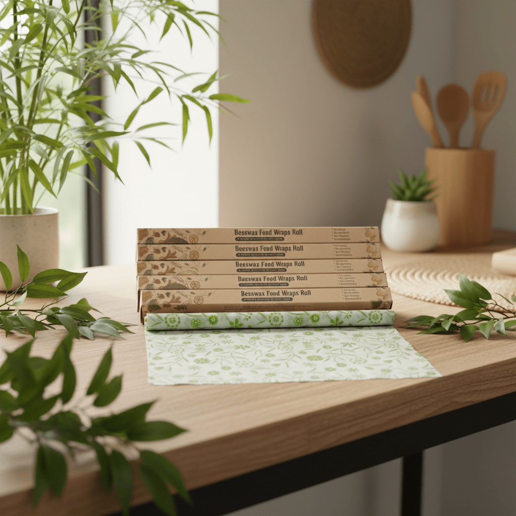 Stack of eco-friendly food wraps on a kitchen counter with plants and utensils in the background