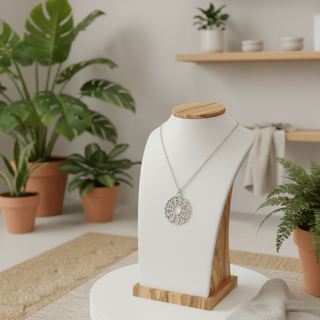 Necklace on a white bust with wooden base in a room with plants
