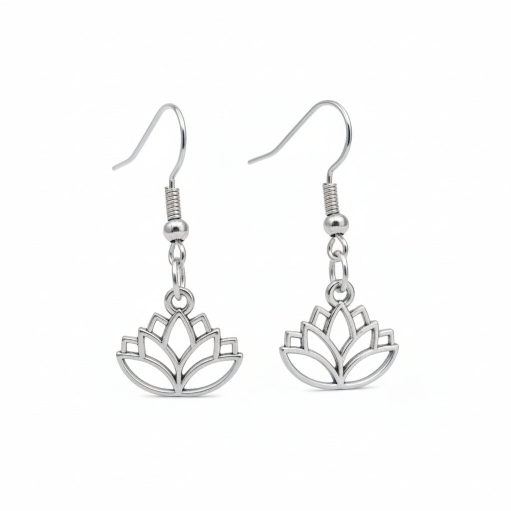 Silver lotus flower earrings on a white background