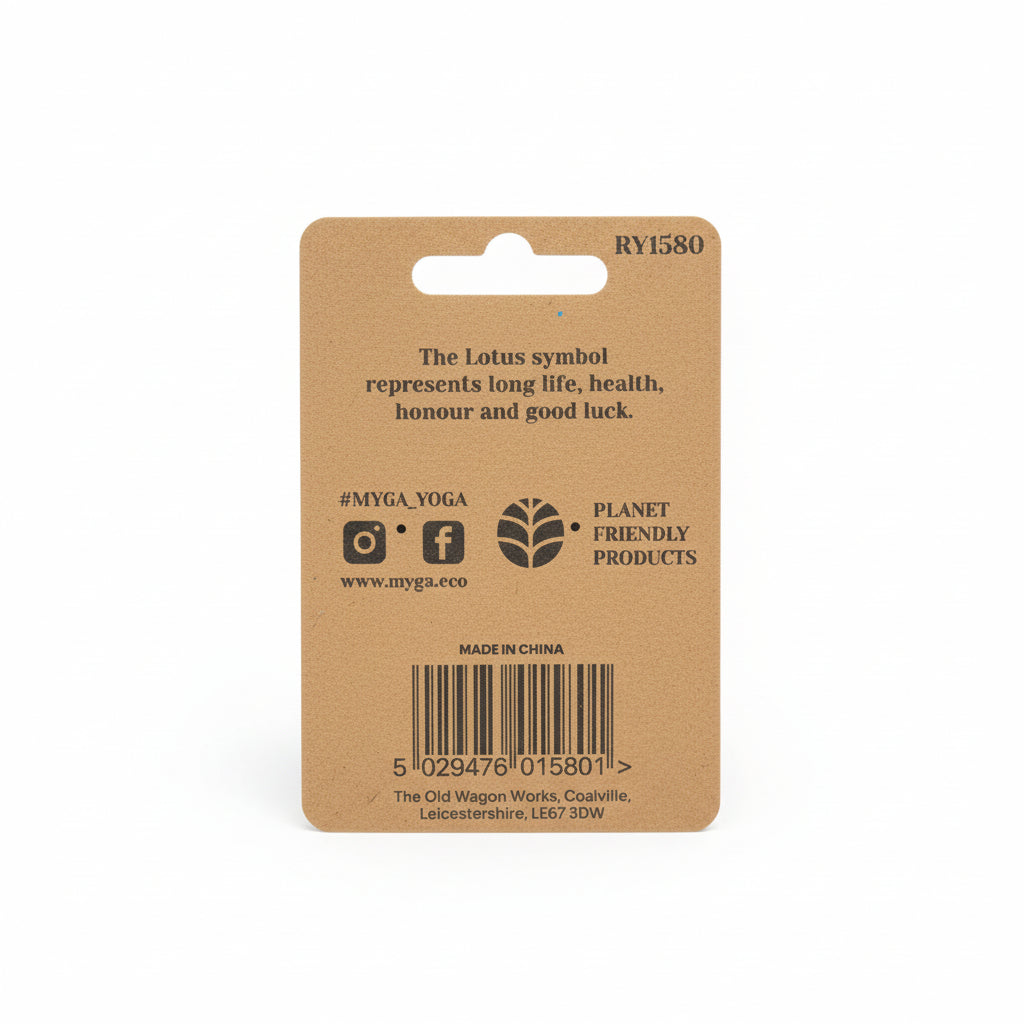 Brown cardboard product label with text and symbols on a white background