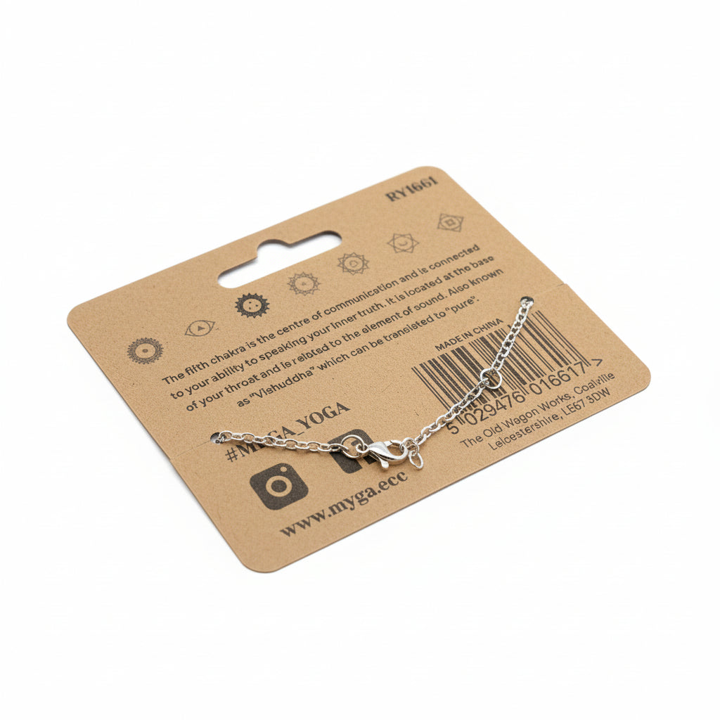 Silver bracelet on a Myga Yoga branded card with product details.
