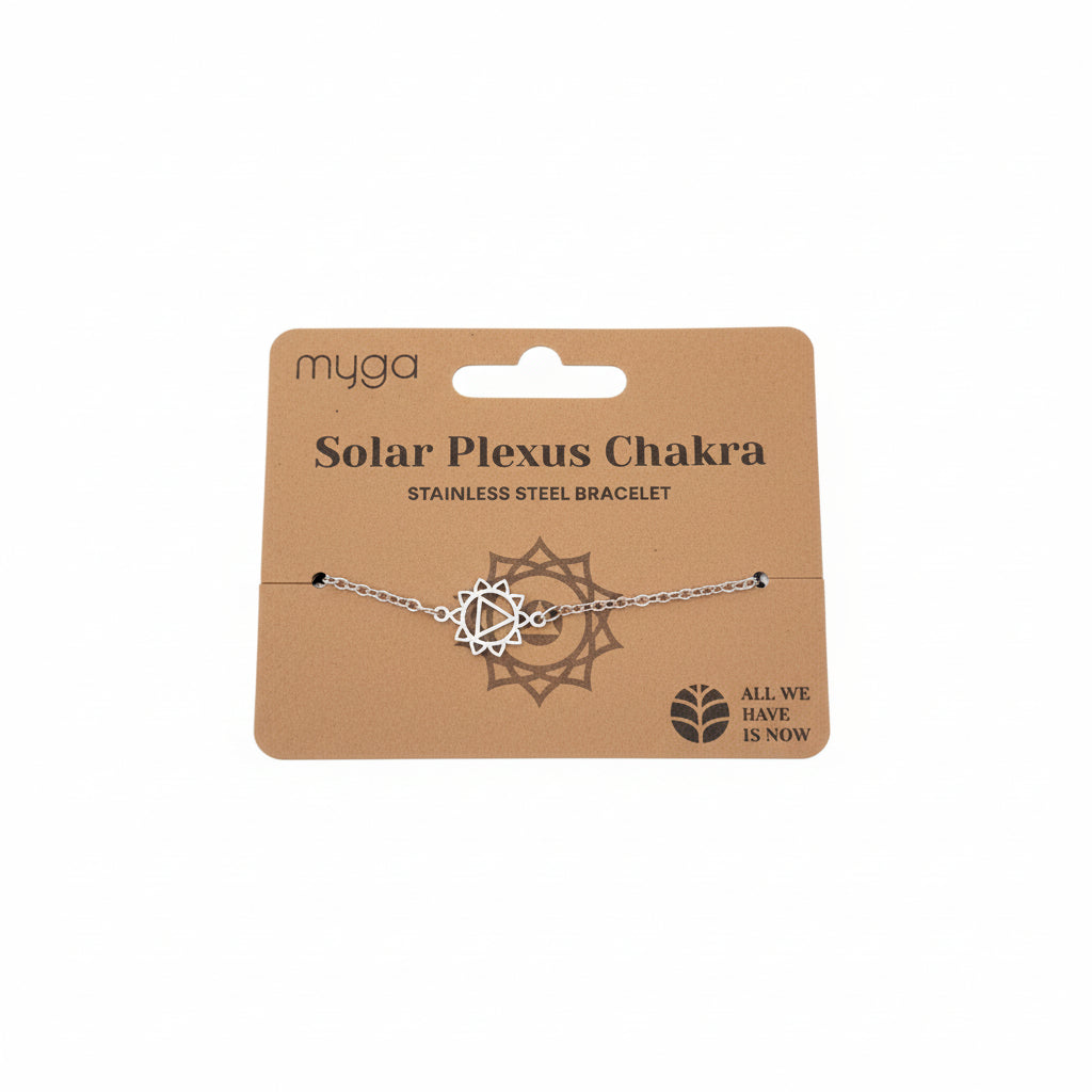 Solar Plexus Chakra bracelet on a Myga branded card with a white background