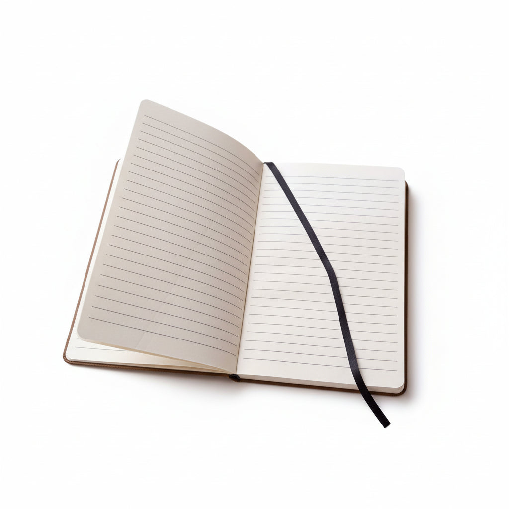 Open notebook with lined pages on a white background