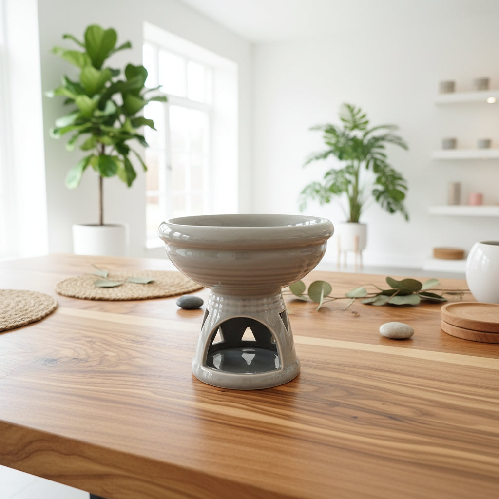 Ceramic diffuser on a wooden table with plants in the background