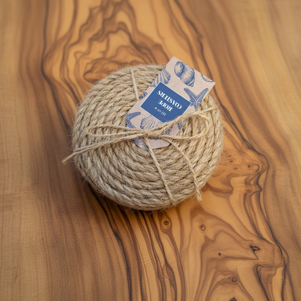 set of 4 rope coasters tied with twine with a label on a wooden surface
