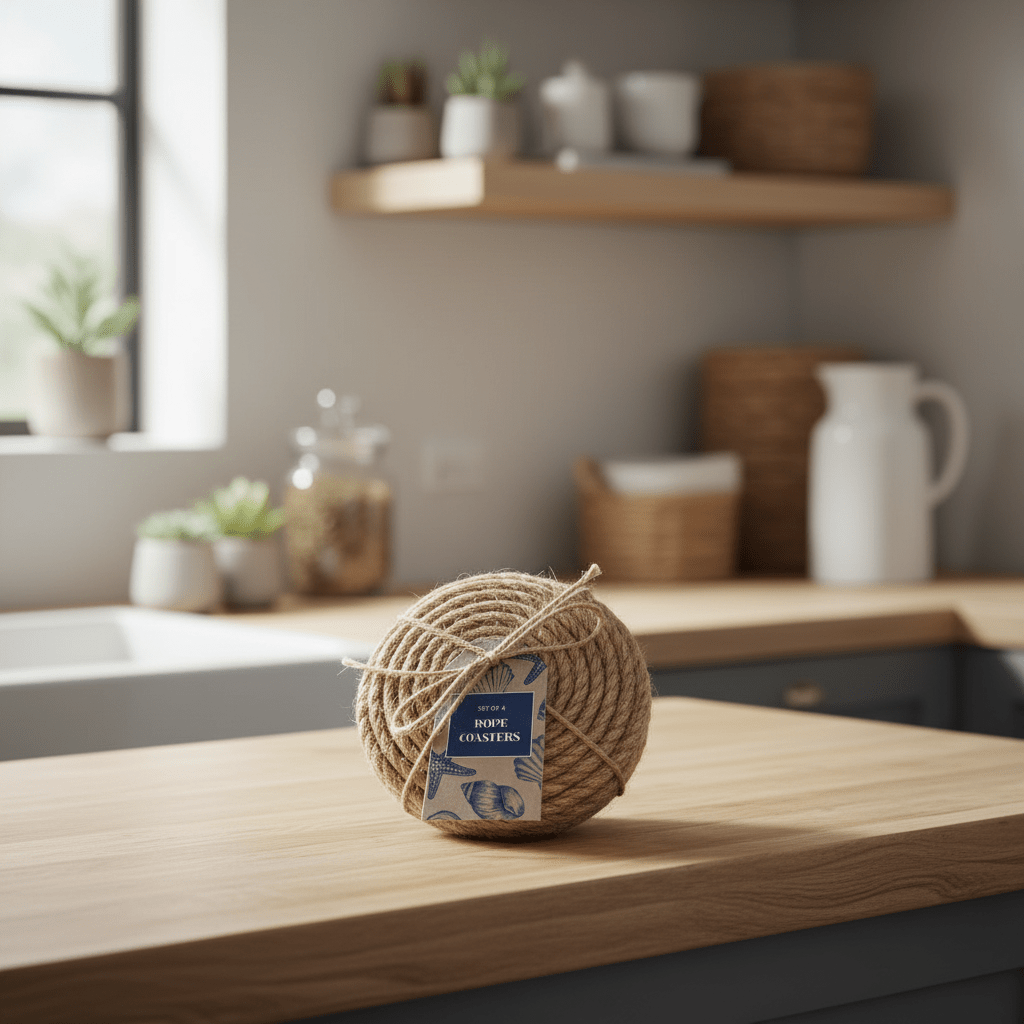 A set of 4 rope coasters on a wooden surface with a kitchen background