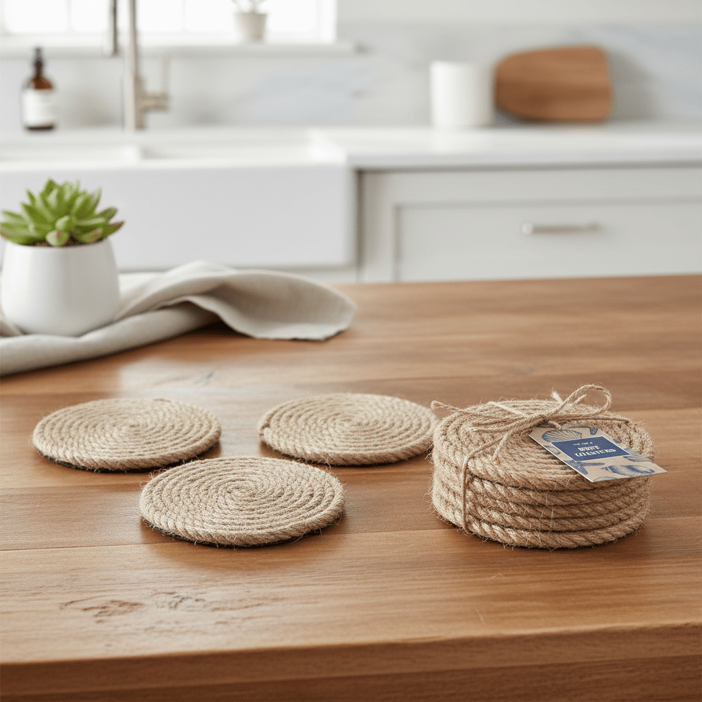Jute rope coasters on a wooden surface with a kitchen background.