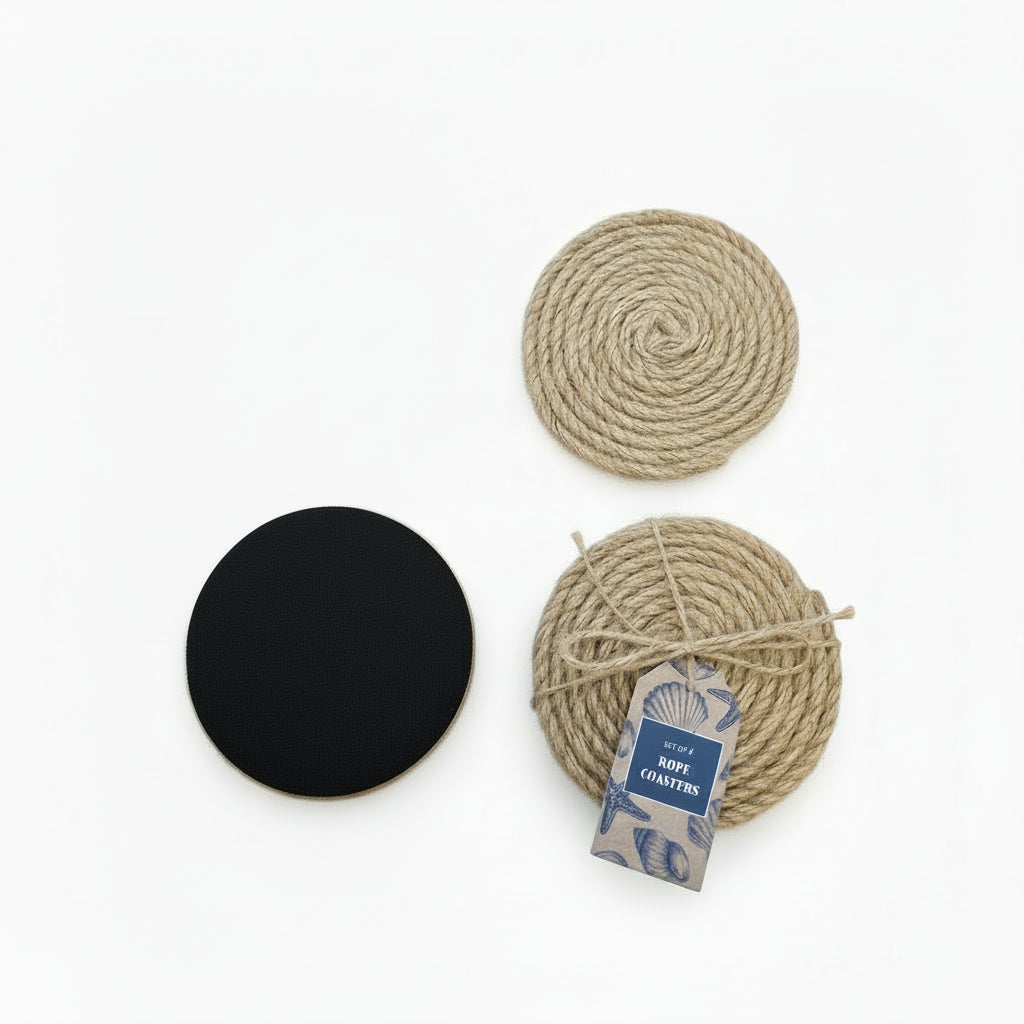Two round jute coasters with a black felt back on a white background
