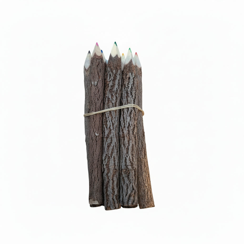Set of ten colored pencils with wooden bark texture on a white background