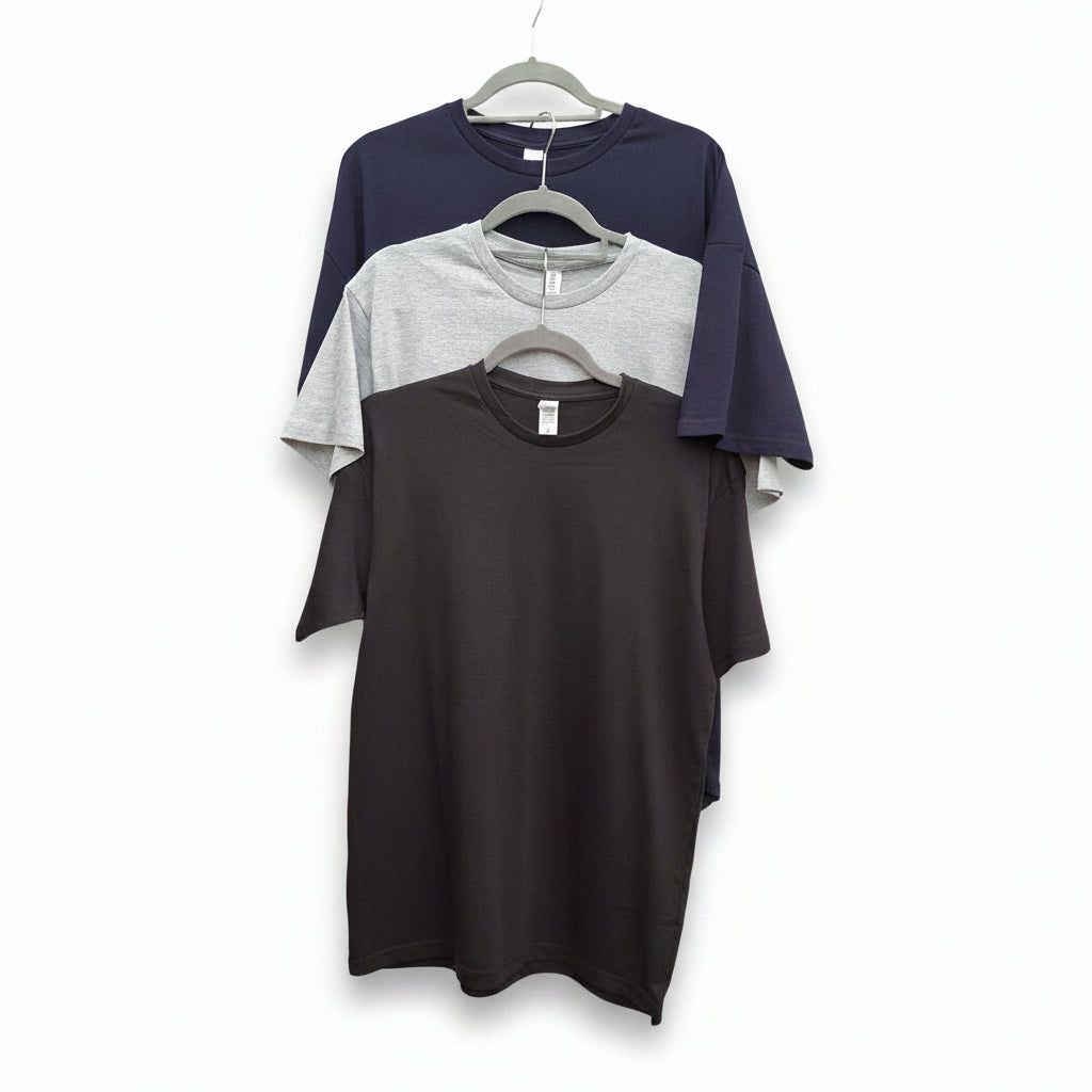 Three men's t-shirts in black, grey, and navy on hangers against a white background