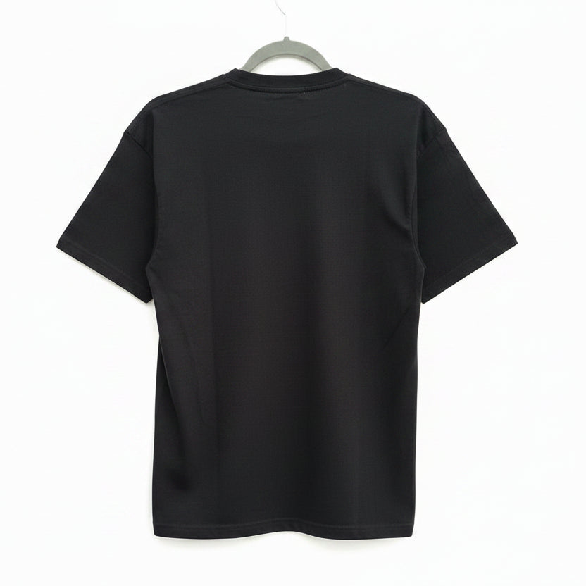 Mens Black cotton t-shirt on a hanger with a white background