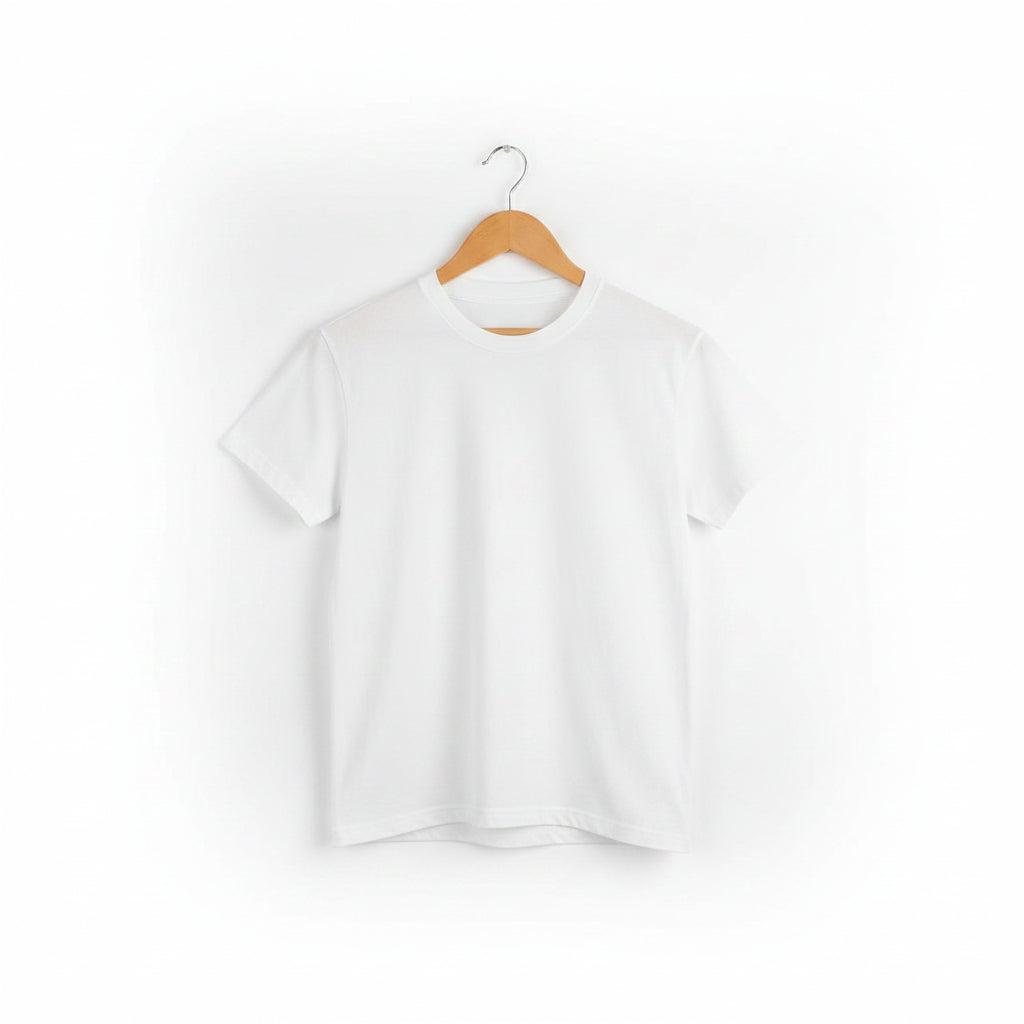 White child's unisex t-shirt on a wooden hanger