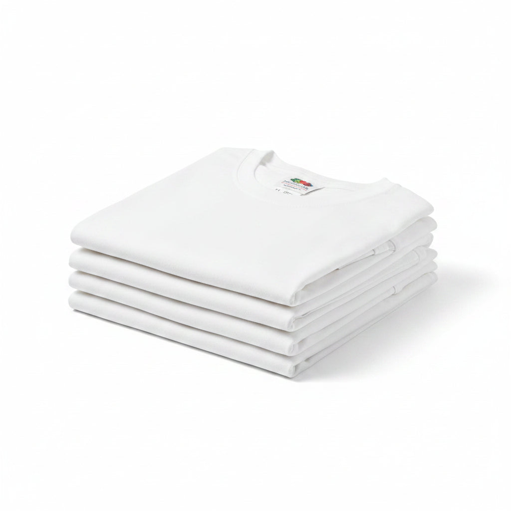 Five white cotton kids' t-shirts with labels