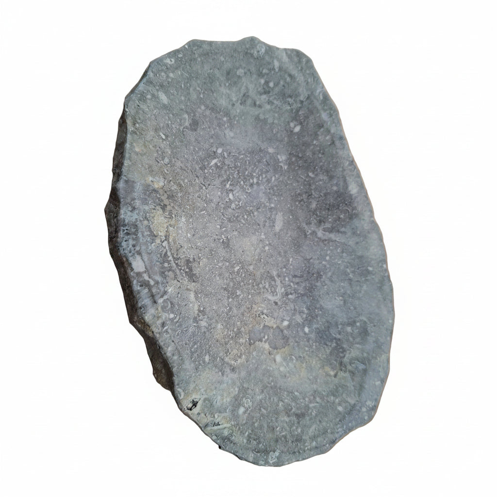 A natural grey stone dish or tray with a rough, textured surface