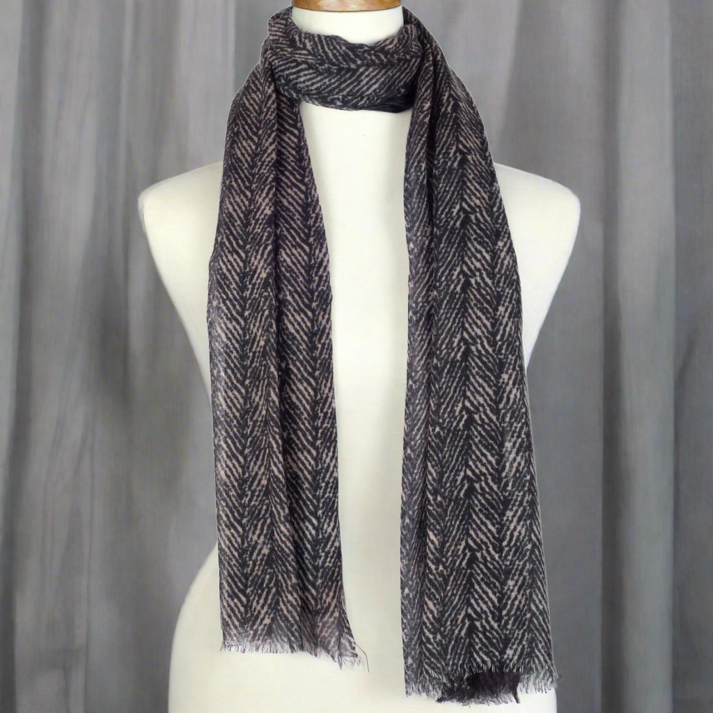 Merino Wool Scarf - Black White -Shades of Chevron