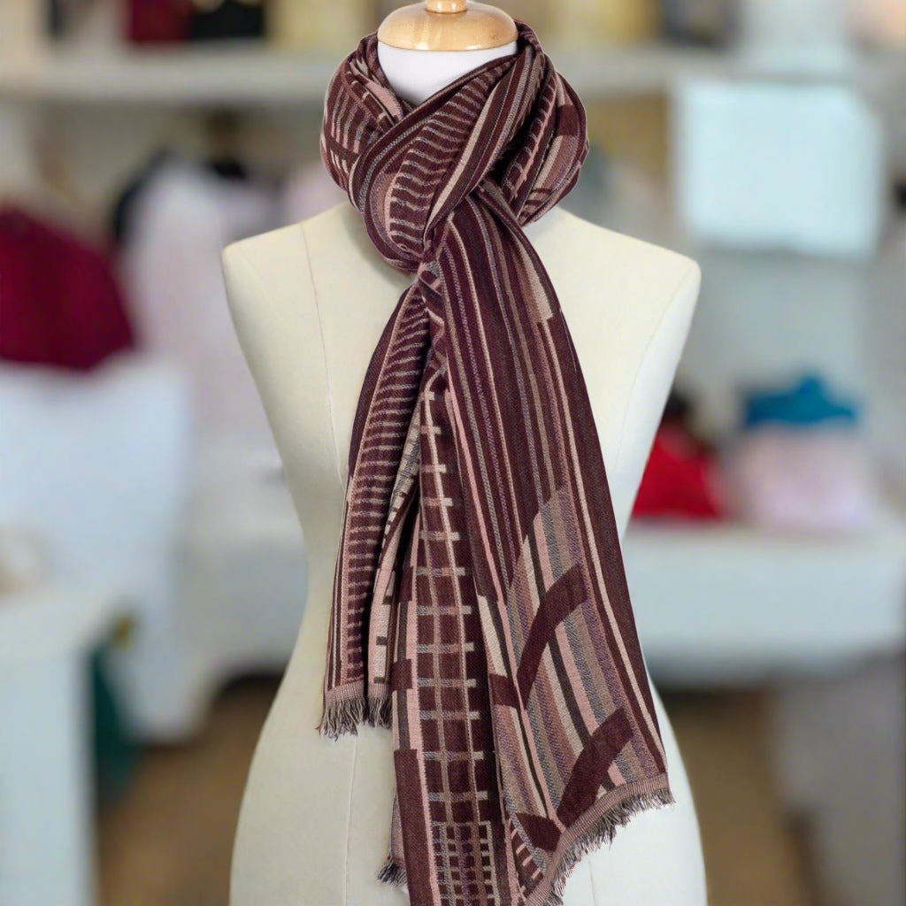 Geometric Abstract Jacquard Merino Wool Scarf - Maroon