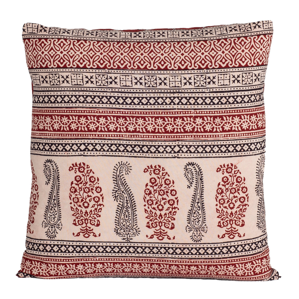 Paisley and Geometric Pattern Bagh Hand Block Print Cotton Cushion Cover - Red Black-0