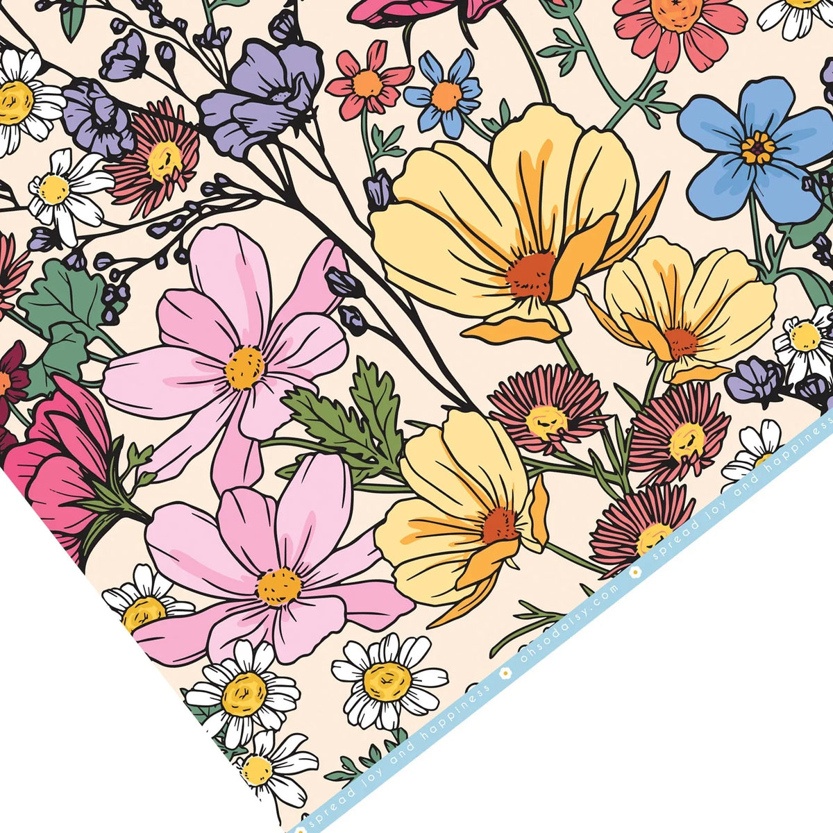 Colourful floral patterned giftwrap paper on a beige background