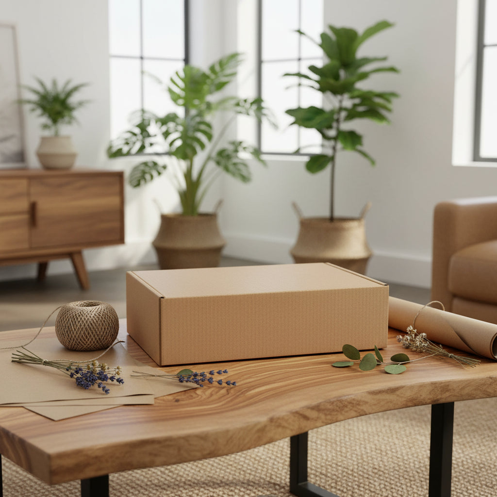 A plain brown cardboard box sits on a wooden table in a bright, modern living room with potted plants, a sofa, and crafting props like twine, paper, and dried flowers.