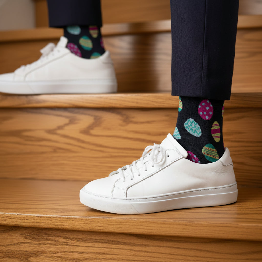 White sneakers with colourful polka dot socks on the stairs