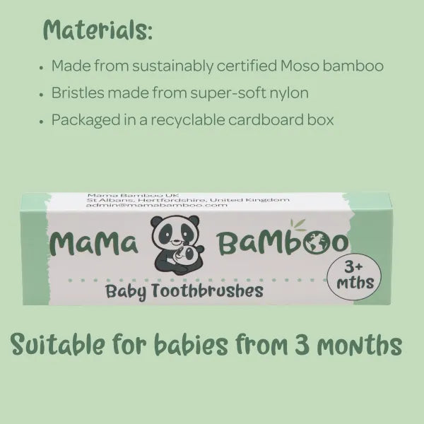Mama Bamboo materials infographic listing Moso bamboo handles, nylon bristles and recyclable cardboard packaging