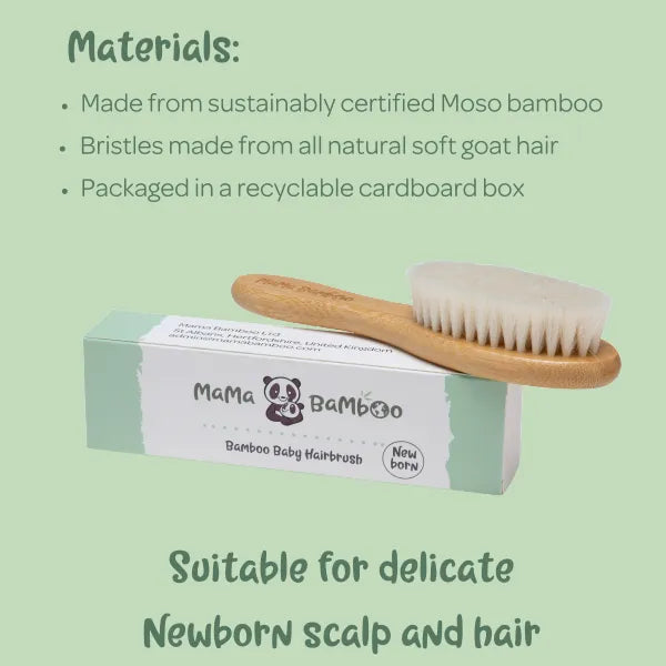 Mama Bamboo materials infographic listing Moso bamboo, goat-hair bristles and recyclable cardboard packaging