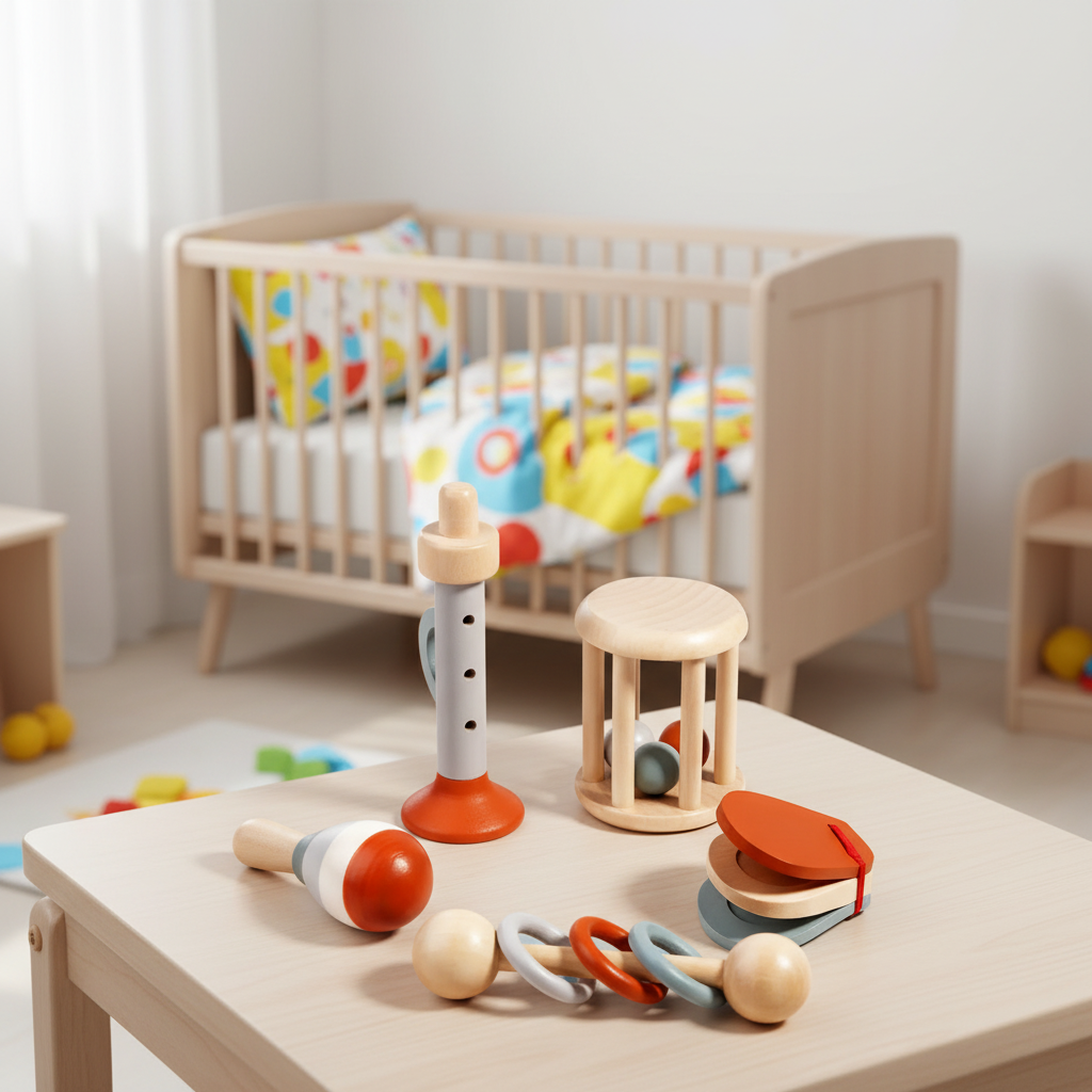 A set of wooden baby toys arranged on a light wood table in a softly lit nursery, with a crib and colorful bedding blurred in the background.