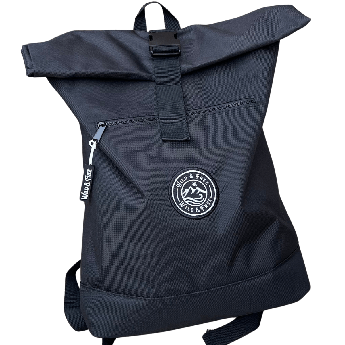 Navy blue backpack with a brand logo on a white background