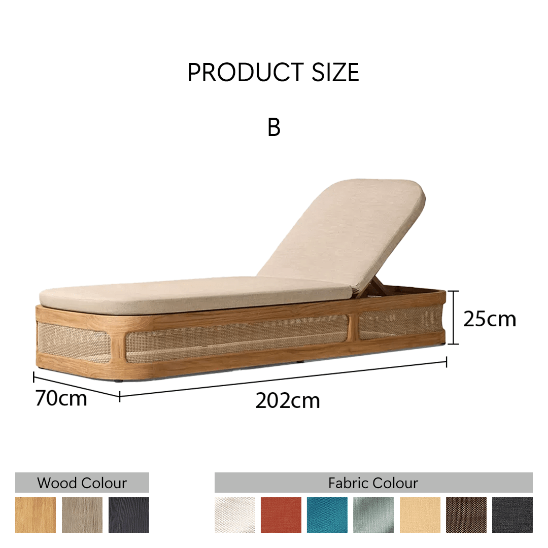 Measurement chart of a wooden outdoor lounge chair with beige cushion, showing dimensions and color options.