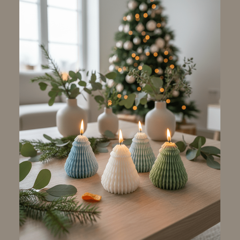 Decorative candles on a table with a Christmas tree in the background
