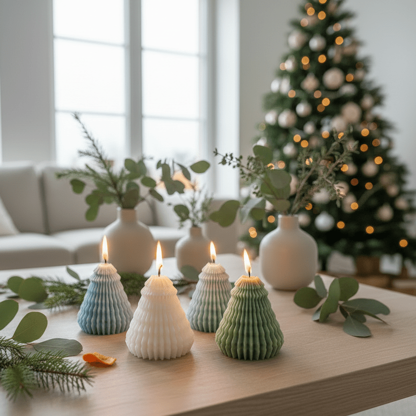 Decorative candles on a table with a Christmas tree in the background