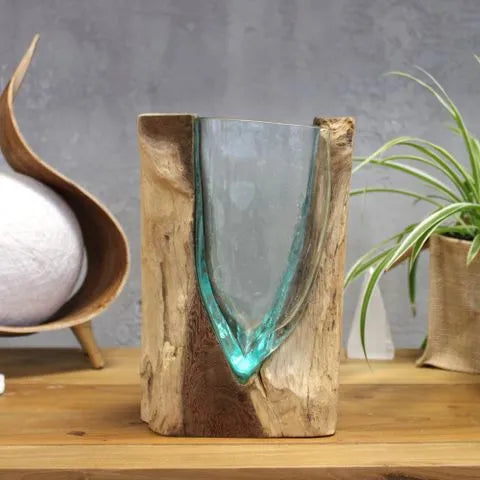V-shaped glass vase on a wooden surface beside a plant and decorative ornament