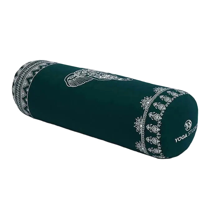 Black yoga bolster with white patterns on a white background