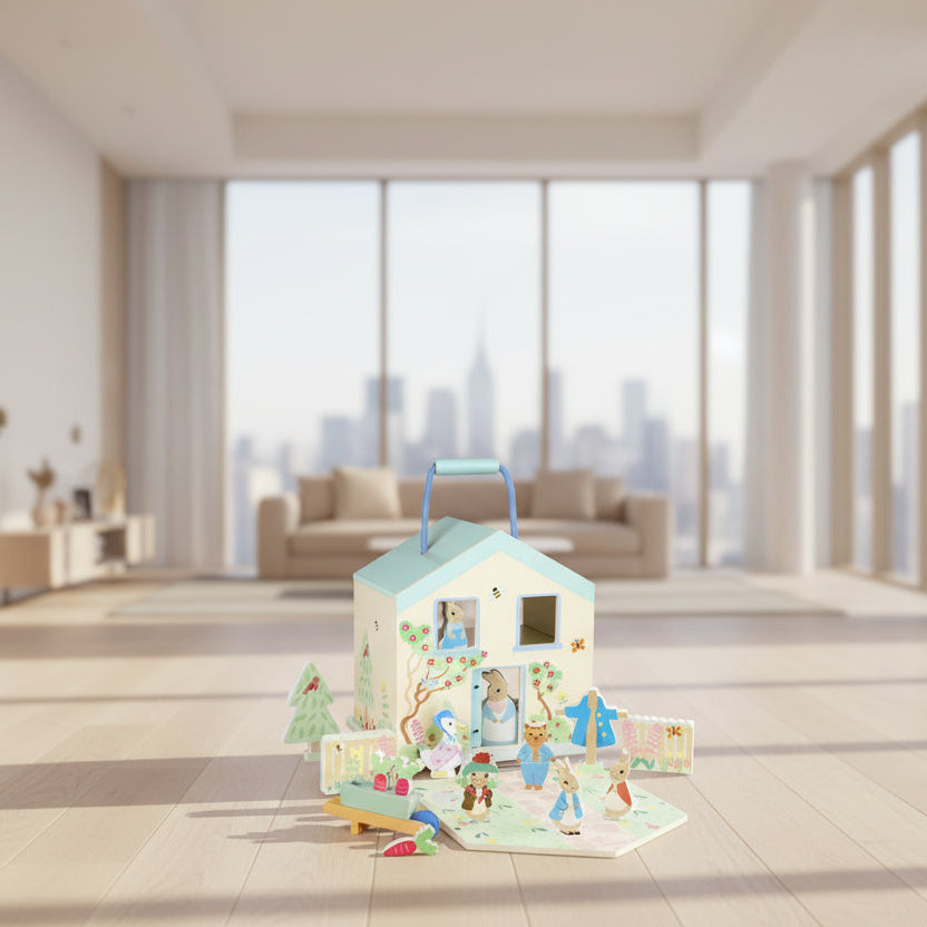 Toy house with a carry handle on a tiled floor in a room with large windows.