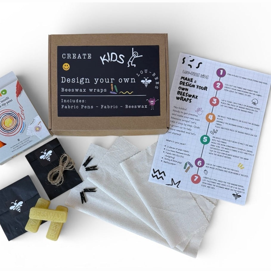 Children's craft kit with materials and instructions on a white background