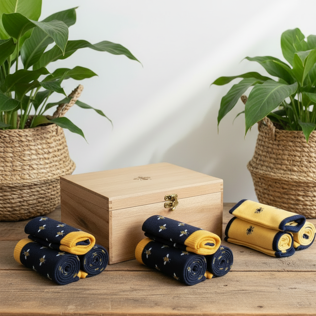 A set of folded navy blue and yellow socks with bee patterns, arranged alongside a light wood presentation box on a wooden table, flanked by potted green plants.