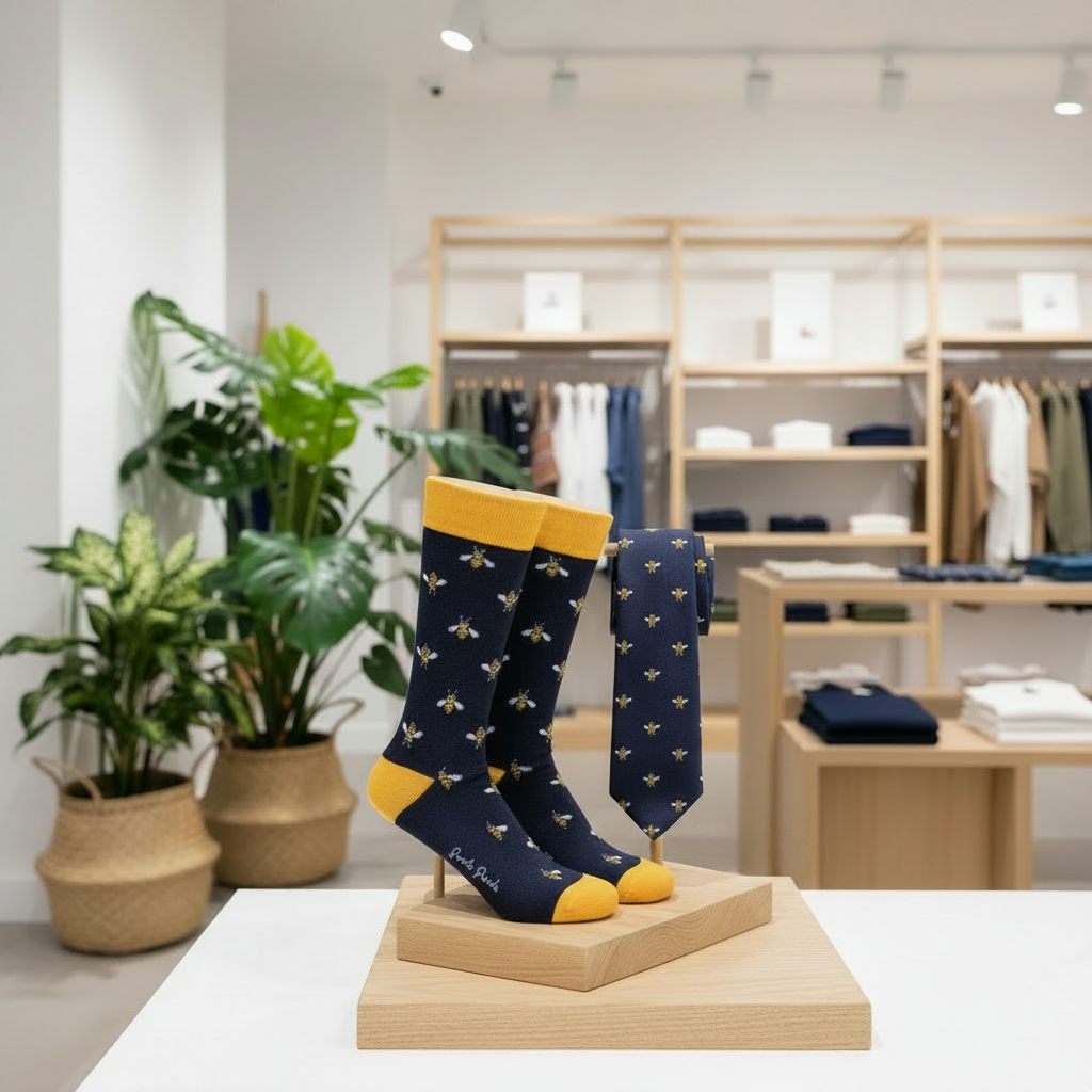 A pair of navy blue socks with yellow toes and heels, decorated with a pattern of small yellow and white bees, displayed on a wooden stand inside a modern clothing store.