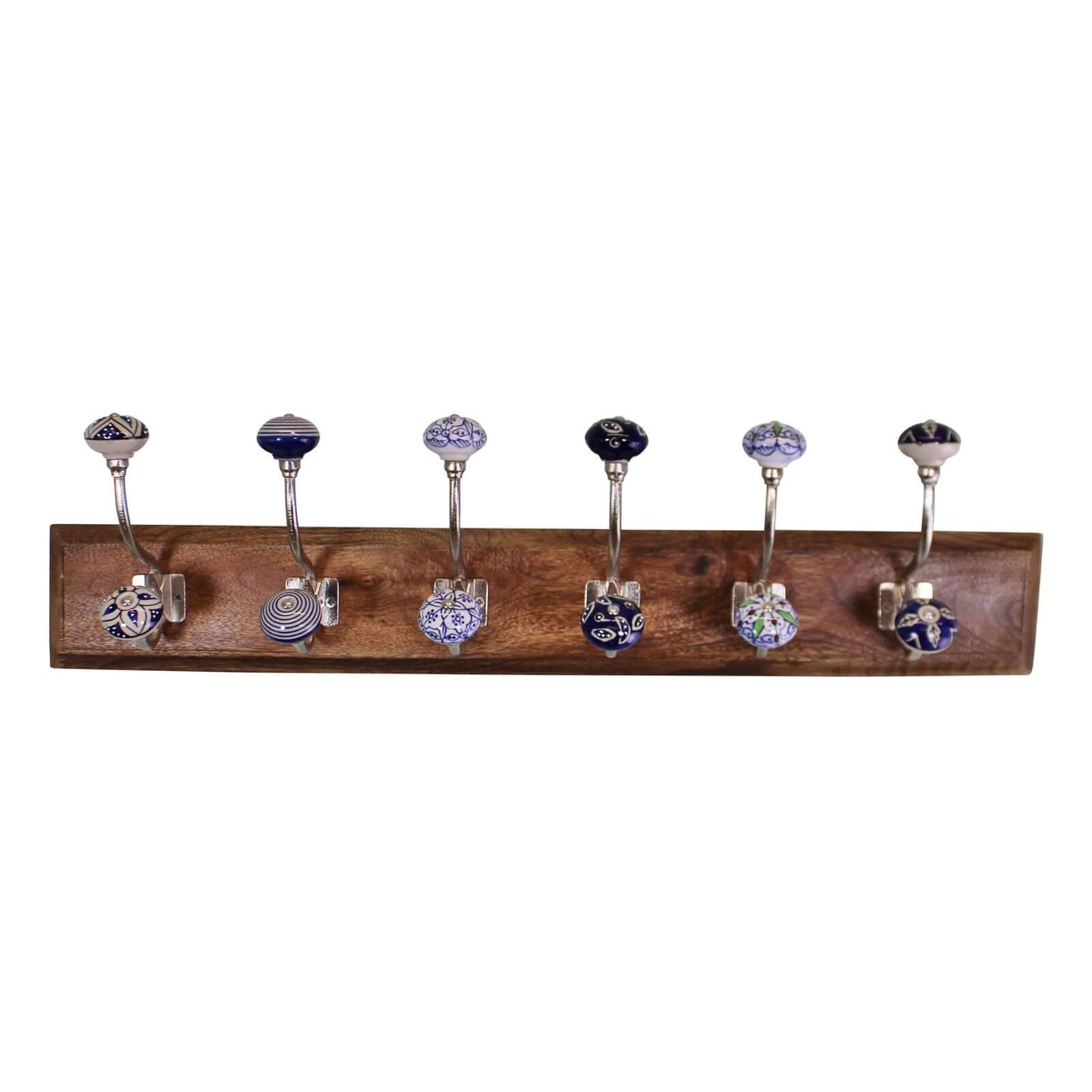 6 Double Ceramic Blue & White Coat Hooks On Wooden Base-0