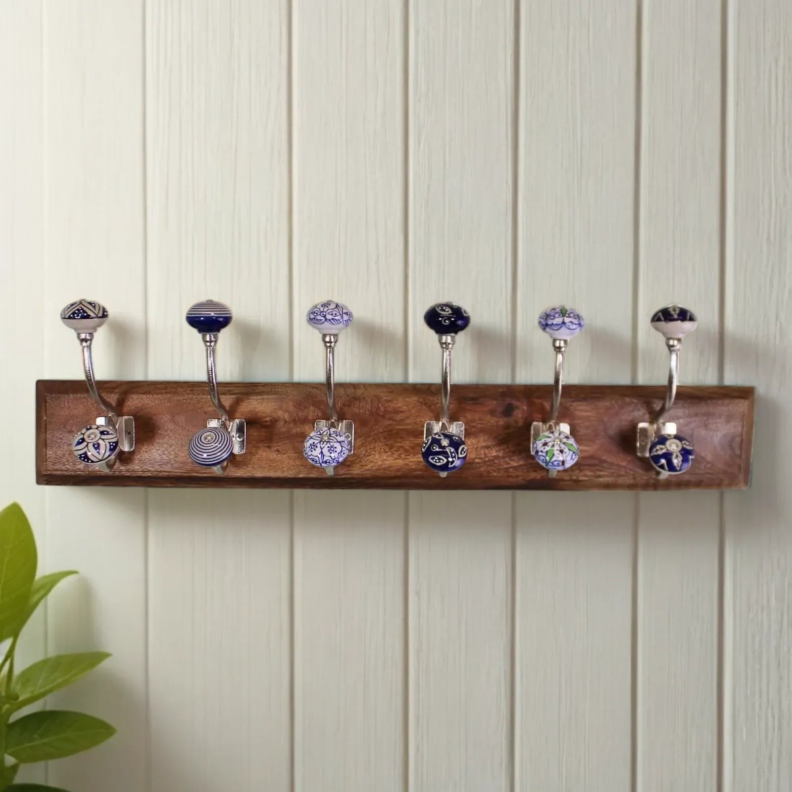 6 Double Ceramic Blue & White Coat Hooks On Wooden Base-0