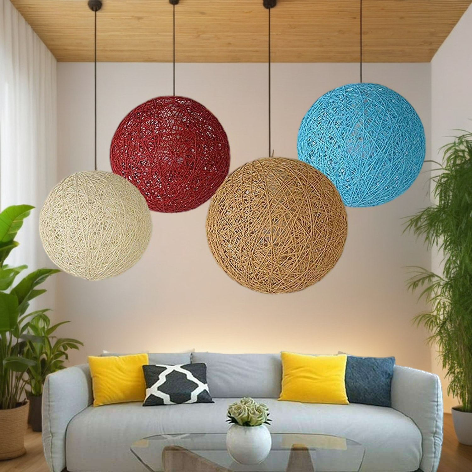 Modern Industrial Rattan Wicker Woven Ball Globe Two Outlet Pendant Light Hanging Ceiling Lamp For Bedroom, Kitchen, Study room~1331-6