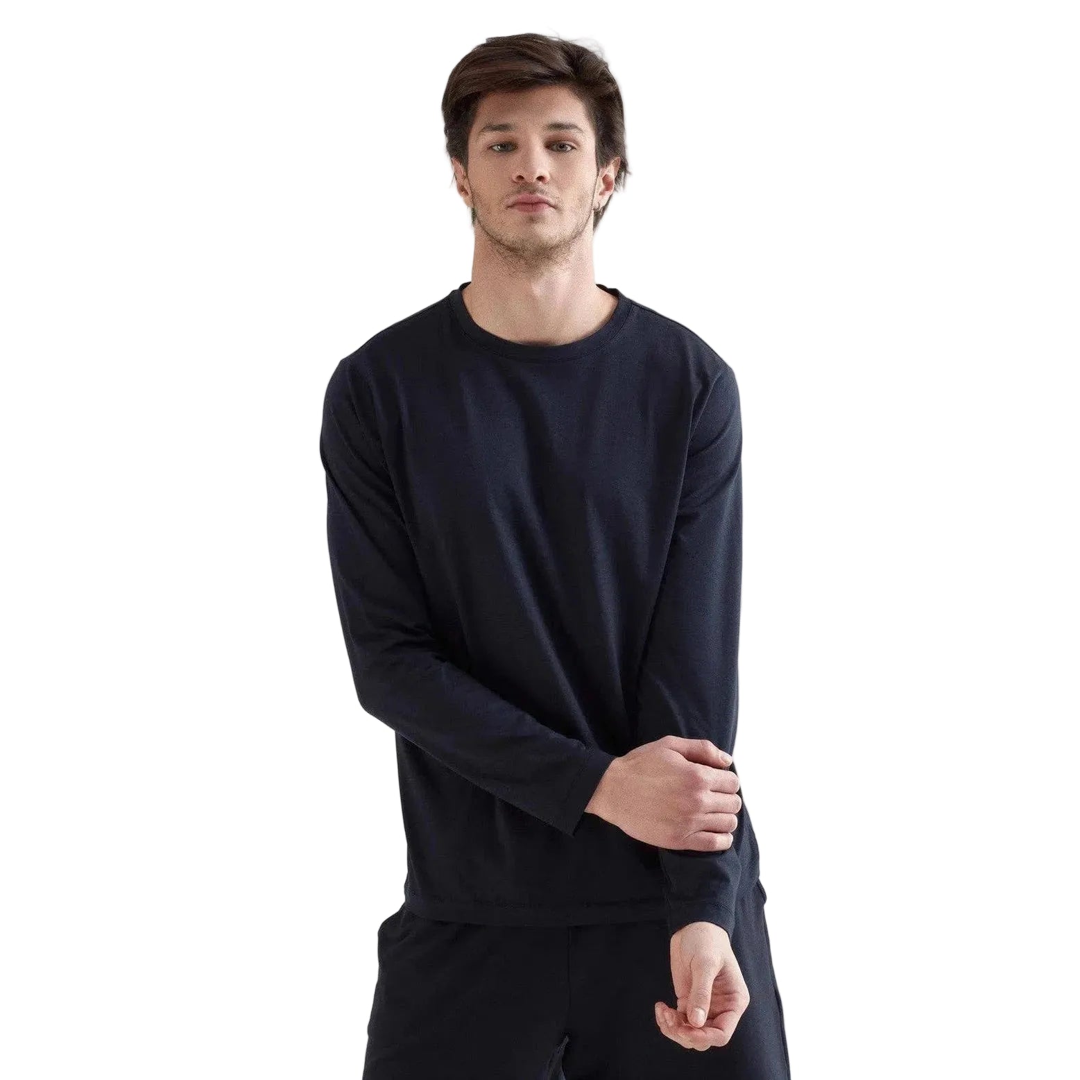 Man wearing a black long-sleeve shirt on a white background