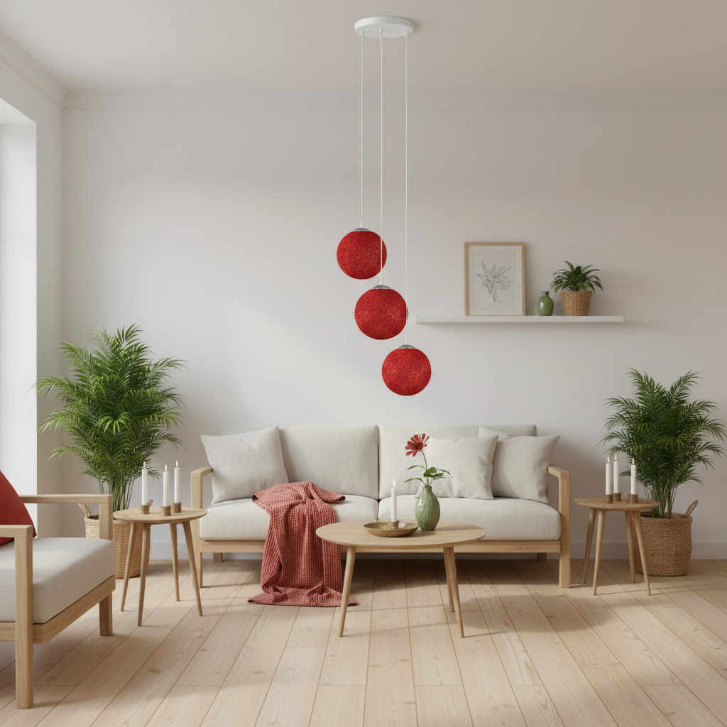 3-Head Red Bamboo Wicker Pendant Lights